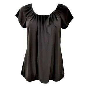 Liz McCoy Black Minimalist Flowy Babydoll Bow Classic Peasant Tunic Top XL